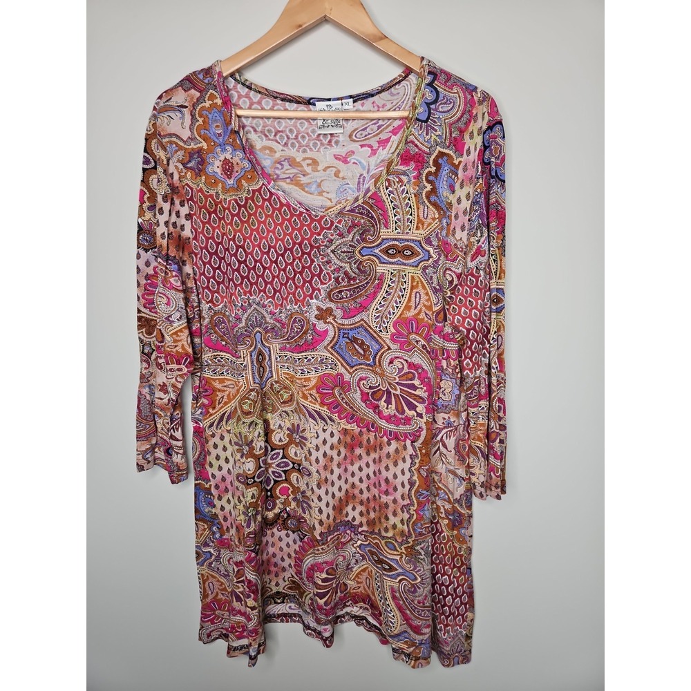 Parsley & Sage XL Vanessa Tunic Top Pink Paisley Floral Boho Fairy CottageCore - Picture 2 of 14